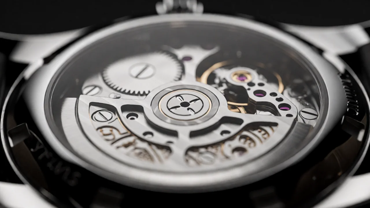 close up of noob factory watch movement through case back